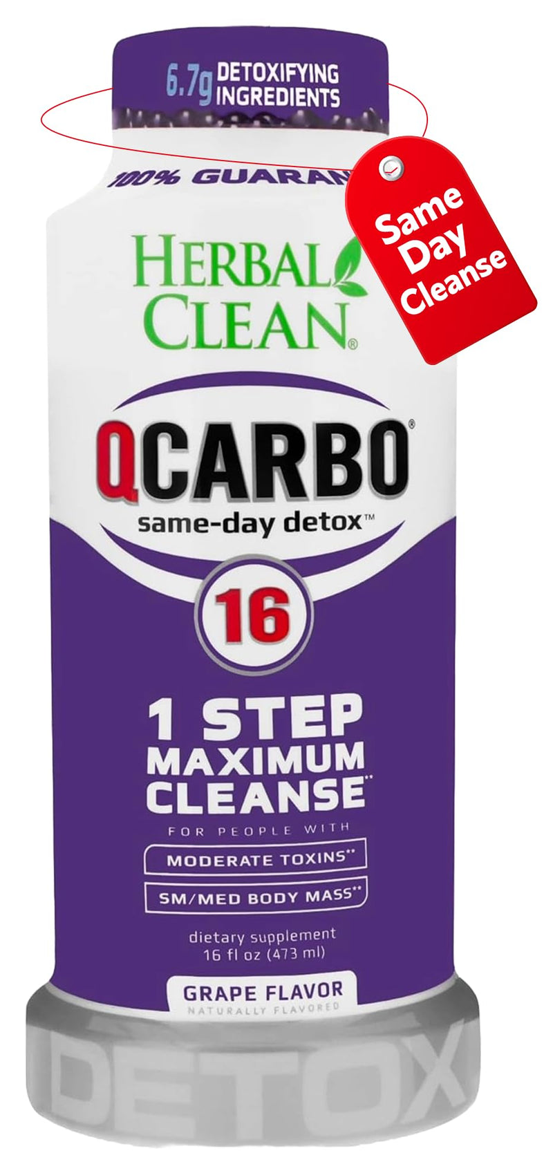 Herbal Clean Qcarbo16 Same-Day Detox Cleanse Drink (16 fl oz) - Grape Flavor Full Body Cleanse* Detox Drink for Moderate Toxin Level*, Vitamin B2 and Vitamin B12 for Men & Women 16 Fl Oz (Pack of 1)