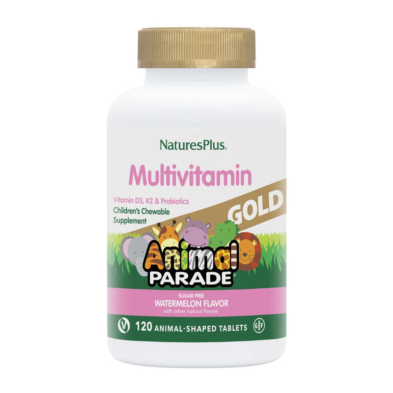 [Australia] - Natures Plus Animal Parade Gold Multivitamin Children’s Chewables - Watermelon Flavor - 120 Animal-Shaped Tablets - Vitamin D3, K2 & Probiotics - Vegan, Gluten Free - 60 Total Servings 1 
