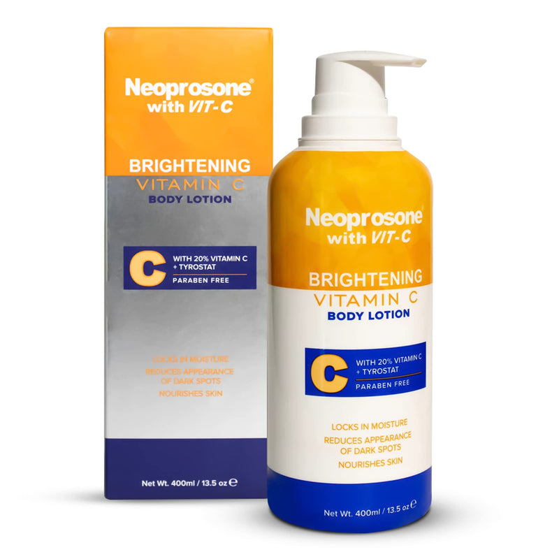 Neoprosone Brightening Body Lotion - 13.5 Fl Oz / 400ml - Formulated to Fade Dark Spots on Elbows, Knees, Neck, Body, and Intimate Parts, with Tyrostat, Shea Butter, Vitamin C, Vitamin E