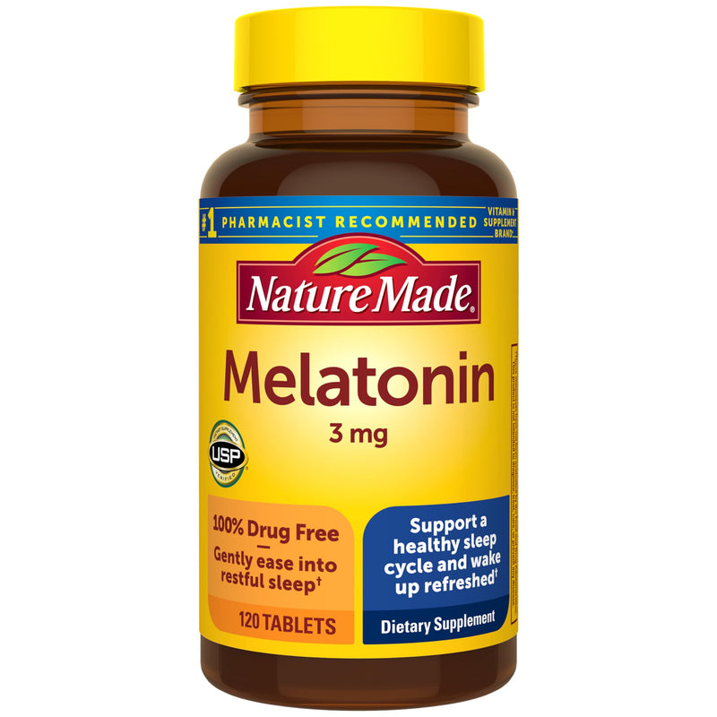Nature Made Melatonin 3mg Sleep Aids for Adults, 120 Tablets | 100% Drug Free Sleep Aid for Men and Women, Sleep Supplements for Adults, Helps You Fall Asleep Faster, 120 Day Supply 120 Count (Pack of 1)