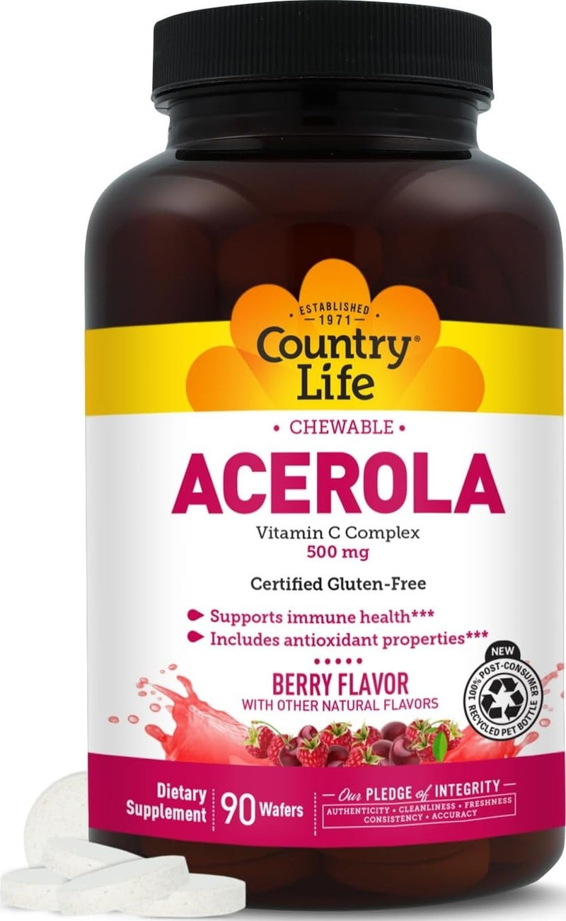 Country Life Acerola Vitamin C Complex 500 mg Chewable Wafers, 90 Count | Berry-flavored daily support for immune health and antioxidant activity with citrus bioflavonoids and rose hips 90 Count (Pack of 1)