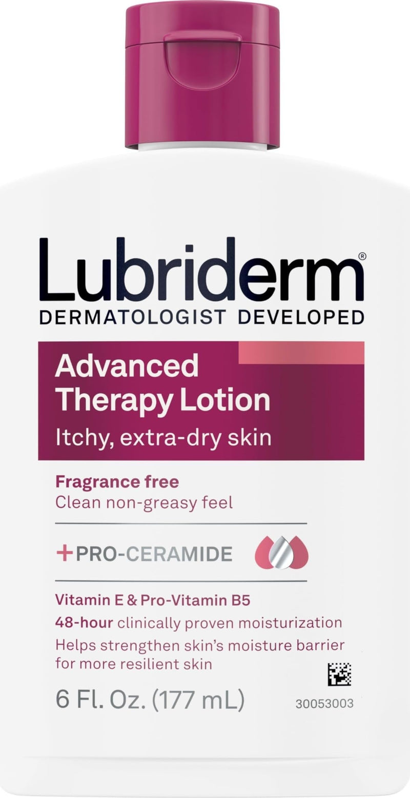 Lubriderm Advanced Therapy Hand & Body Lotion, Fragrance Free, 6 fl. oz | Moisturizing Lotion + Pro-Ceramide with Vitamins E & Pro-Vitamin B5, Intense Hydration for Extra Dry, Itchy & Sensitive Skin 6 Fl Oz (Pack of 1)