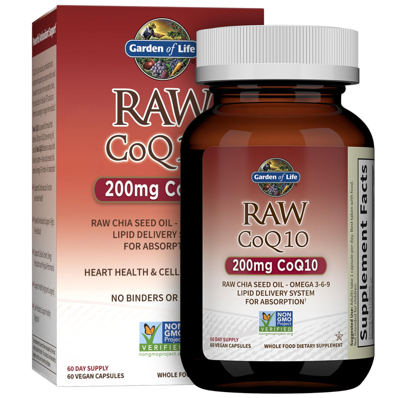 Garden of Life Raw CoQ10 200mg, with Omega 3 6 9 for Heart Health, 60ct | Vegetarian Omega 3 6 9 Supplement Raw Co Q 10 Chia Seed Oil, Whole Food Nutrition with Antioxidant Support, Coenzyme q10 Organic 60 Count (Pack of 1)