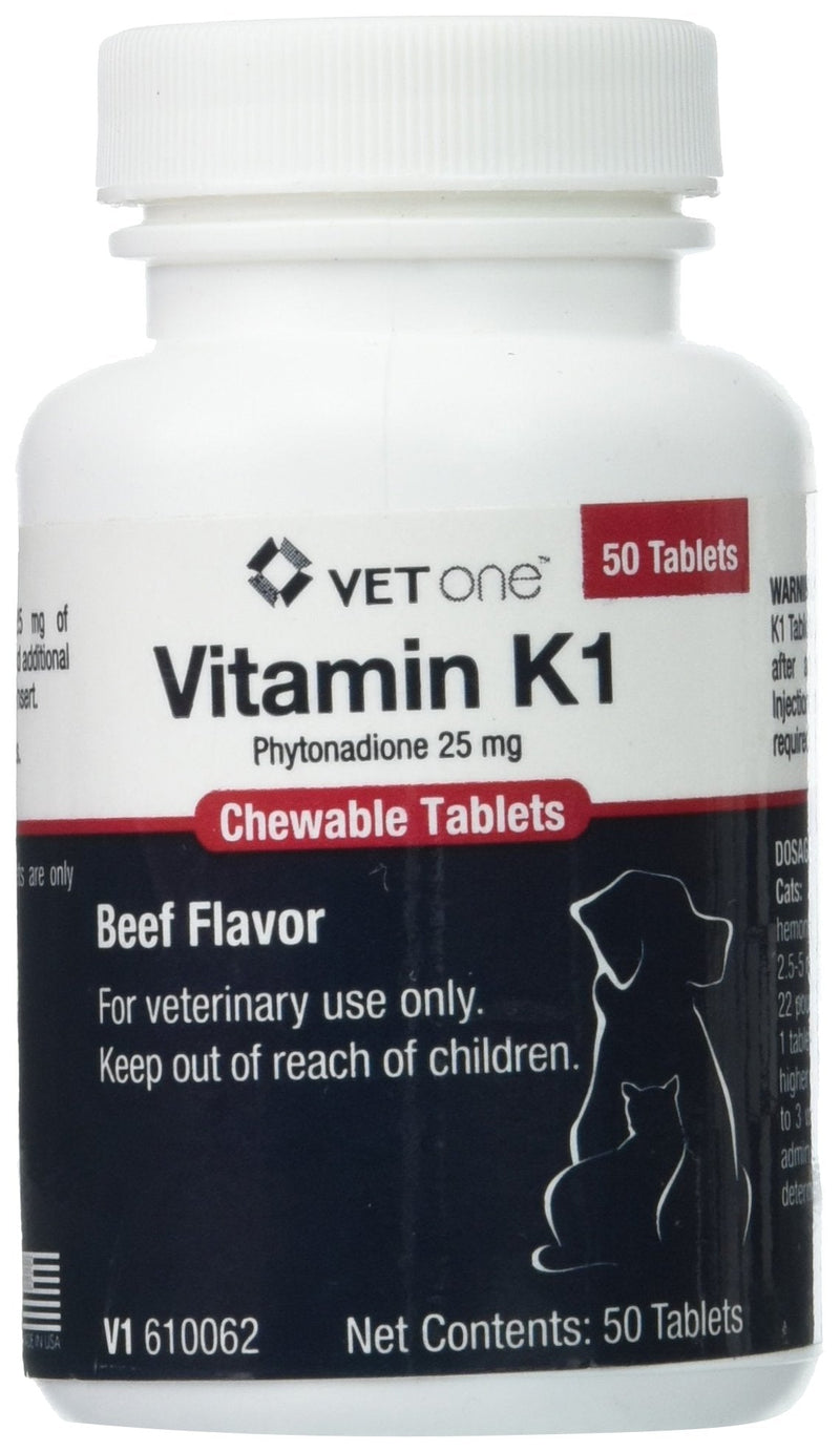 Vet One Vitamin K1 Chewable Tablets - Vitamin K1 for Dogs, Beef-Flavored Chewable Vitamins for Cats and Dogs (50 Tablets, Phytonadione 25mg) - PawsPlanet Australia