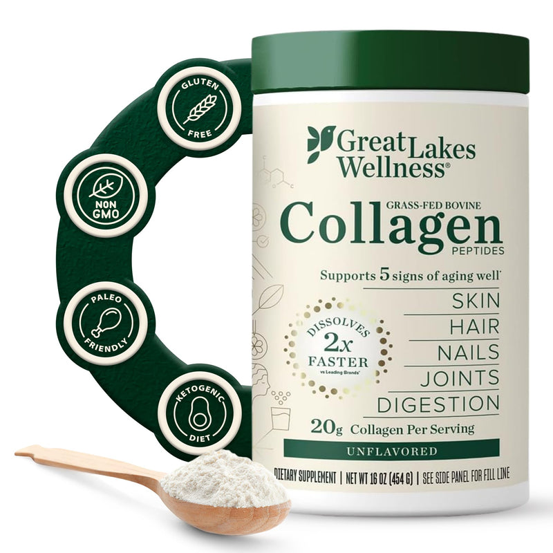 Great Lakes Wellness Collagen Peptides Powder – Supports Skin, Hair, Nails, Joints & Digestion – Hydrolyzed, Non-GMO, Keto & Kosher – Pure Collagen Protein (16 oz, 22 Servings) Packaging may vary Unflavored 22 Servings (16 Ounce, Pack of 1)