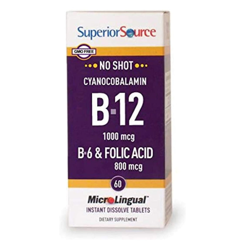 Superior Source No Shot Vitamin B-12 Cyanocobalamin 1000 mcg, B-6, Folic Acid 800 mcg - Support Brain & Heart Health - Aids Natural Energy Levels - 60 Sublingual Dissolving Tablets | Sublingual Formula with B-12 Cyanocobalamin, B-6 and Folic Acid Suppo...
