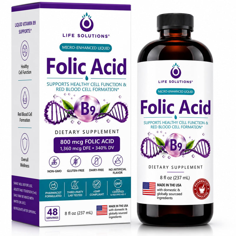 Life Solutions Liquid Vitamin B9 Folic Acid 800mcg Berry - 8oz | 800 mcg Liquid Vitamin B9 (Folic Acid) Berry Flavor – Fast absorption for prenatal, heart & brain support