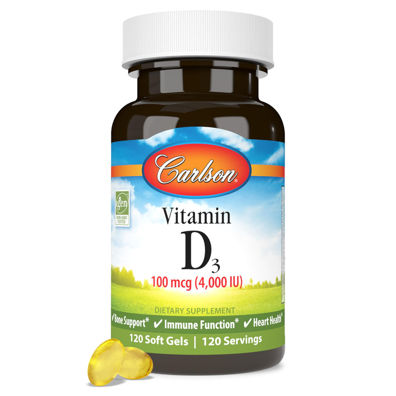 Carlson Vitamin D3 4000 IU (100 mcg), Bone Health, 120 Softgels | Muscle Health; Cholecalciferol; Vitamin D Supplements; Vitamin D3 Soft Gels Unflavored 120 Count (Pack of 1)