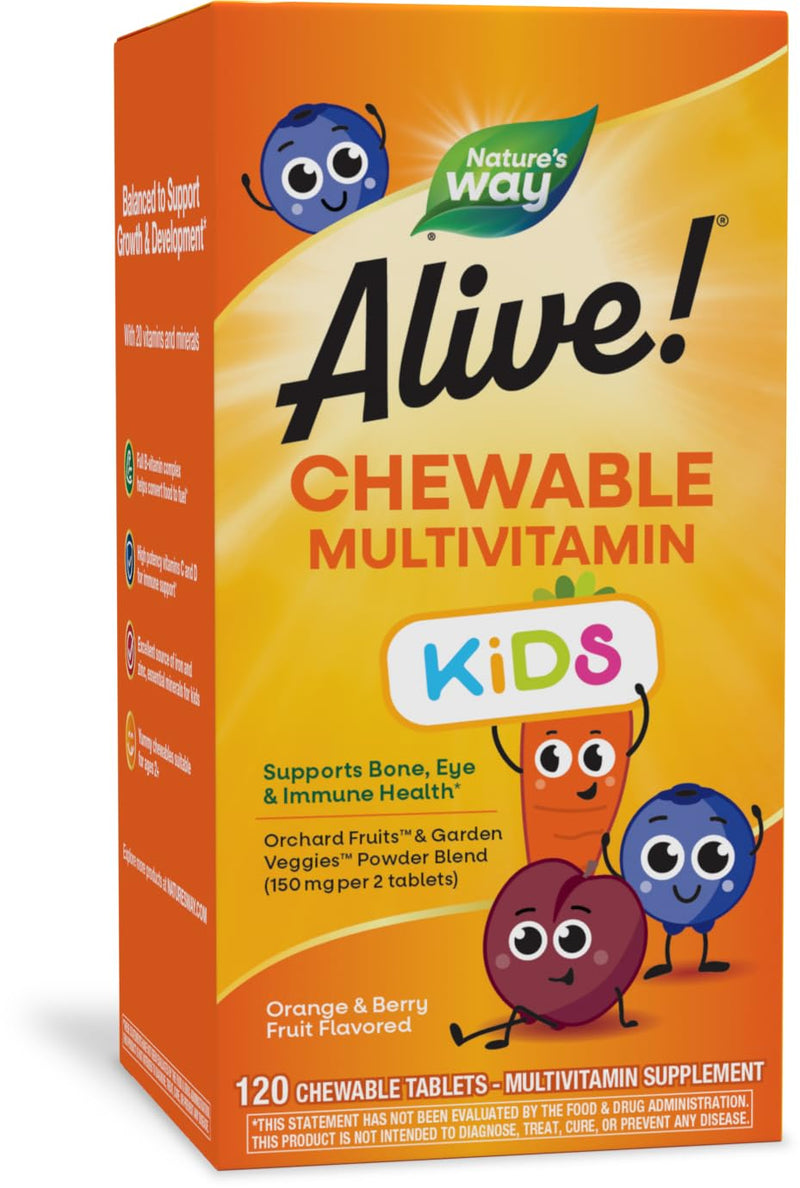[Australia] - Nature's Way Alive! Children's Daily Chewable Multivitamin, Supports Bone, Eye, and Immune Health*, Orange & Berry Fruit Flavored, Gluten Free, 120 Chewable Tablets (Packaging May Vary) 