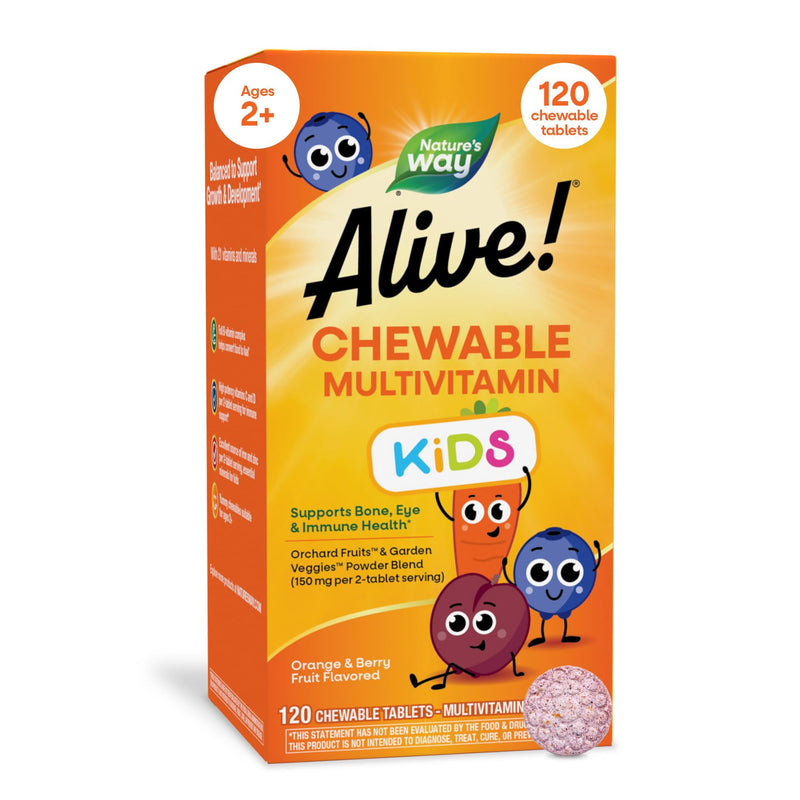 Nature's Way Alive! Children’s Chewable Multivitamin, Cherry, 120 ct | Kids Multivitamin Tablets with Orchard Fruits and Garden Veggies Powder Blend, Daily Kids Vitamins for Nutritional Support 120 Count (Pack of 1)