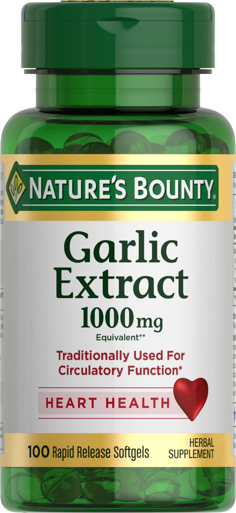 [Australia] - Nature's Bounty Garlic Extract, Herbal Supplement, Supports Circulatory Function, 1000mg, 100 Rapid Release Softgels, Pack of 1 Unflavoured 100 Count (Pack of 1) 