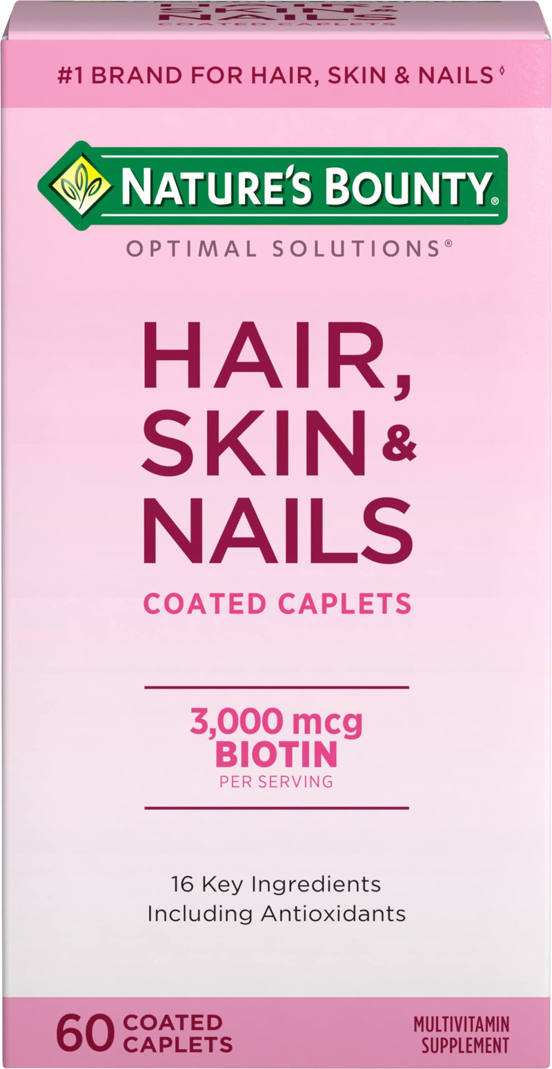 Nature's Bounty Optimal Solutions Hair, Skin & Nails Formula, 20 Servings | With 3,000 mcg Biotin, 60 Coated Caplets Unflavored 60 Count (Pack of 1)