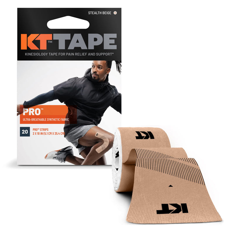 KT Tape, Pro Synthetic Kinesiology Athletic Tape, 20 Count, 10” Precut Strip STEALTH BEIGE