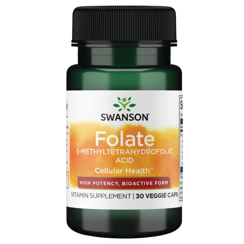 Swanson Folate 5-Methyltetrahydrofolic Acid, 800 mcg, 30 Veg Capsules | Supports Heart Health and Promotes Cell Growth, DNA Synthesis and Red Blood Cell Production, an Important Prenatal Vitamin 30 Count (Pack of 1)