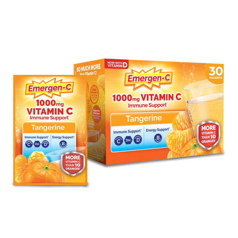 Emergen-C 1000mg Vitamin C Immune Support Powder, Tangerine, 30 ct | B Vitamins for Energy, Zinc and Manganese, Vitamin D, Electrolytes, Natural Flavor, Dissolves Quick 9.9 Ounce (Pack of 1)