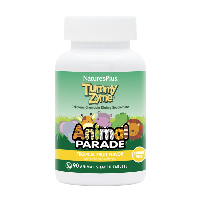 NaturesPlus Animal Parade Tummy Zyme Children’s Chewable, Tropical Fruit Flavor - 90 Animal-Shaped Tablets - Contains Live Probiotics - Vegetarian, Gluten Free, Sugar Free - 90 Servings