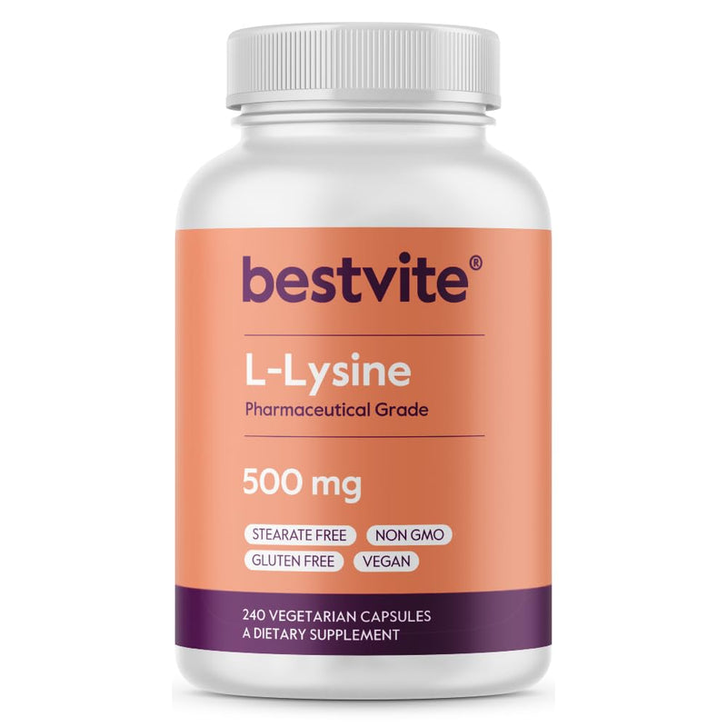 [Australia] - BESTVITE L-Lysine 500mg per Capsule (240 Vegetarian Capsules) - No Stearates - No Fillers - No Flow Agents - Vegan - Non GMO - Gluten Free - No Stearic Acid - No Dicalcium Phosphate 
