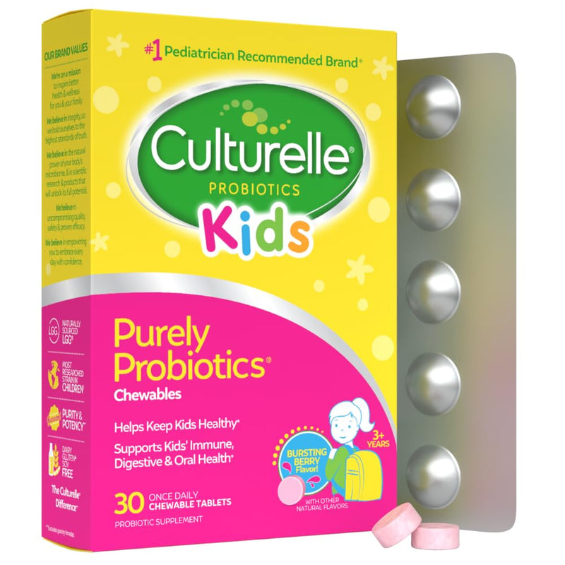 Culturelle Daily Chewable Probiotics for Kids Ages 3+, Berry Flavor, 30 Ct | From the #1 Pediatrician Recommended Brand± Promotes Digestive Gut Health, Oral Care & Immune Support* 5B CFUs, Gluten Free 30 Count (Pack of 1)