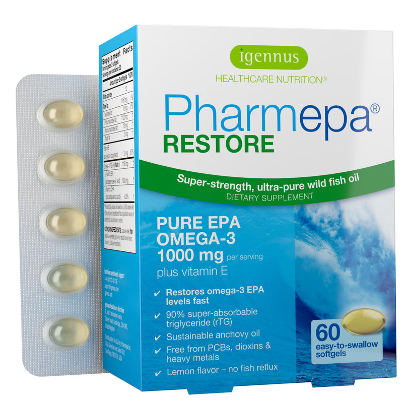 [Australia] - Igennus Pharmepa Restore, Pure EPA 1000mg, Omega 3 rTG Fish Oil, IFOS Certified, High Absorption, 90% Concentration Triple Strength, Wild & Sustainable, Lemon Flavor, 1-Month Supply, 60 Softgels 60 Count (Pack of 1) 