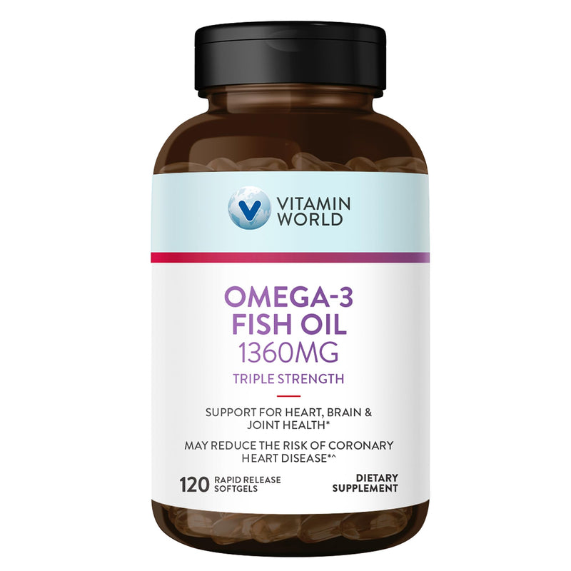Vitamin World Triple Strength Omega 3 Fish Oil 1360 mg, 120 Softgels | High Potency Omega 3s with EPA & DHA 950 mg, Supports Heart, Brain & Joint Health, Gluten Free, 4 Months Supply 120 Count (Pack of 1)