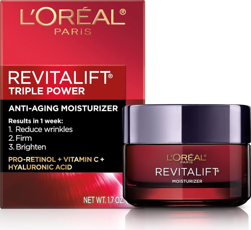 L'Oreal Paris Revitalift Triple Power Anti-Aging Face Moisturizer, Pro Retinol, Hyaluronic Acid & Vitamin C to Reduce Wrinkles, Firm & Brighten Skin, 1.7 Oz Scented 1.7 Ounce (Pack of 1)