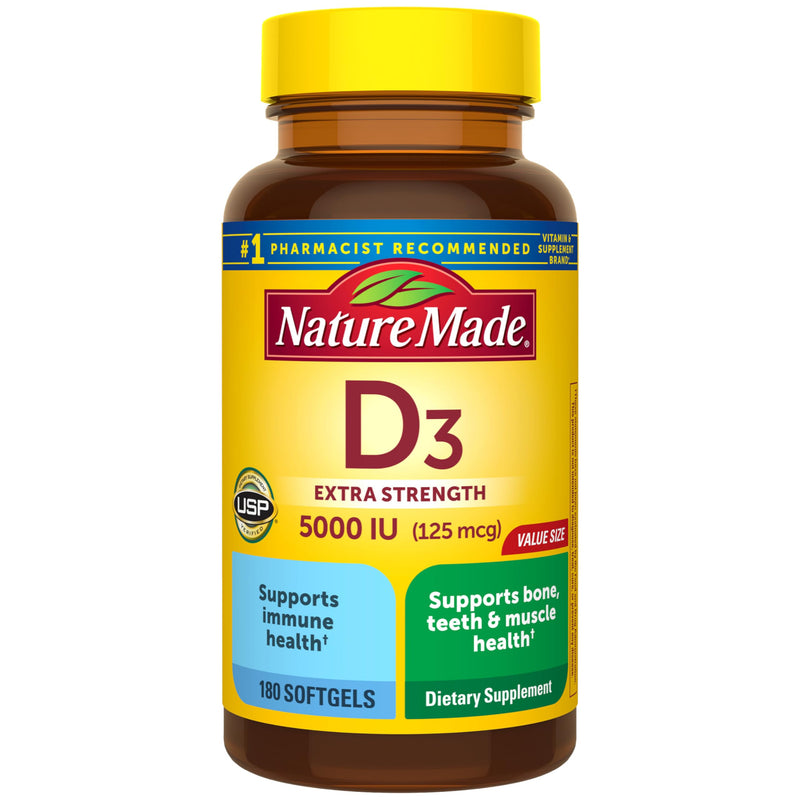 Nature Made Vitamin D3 5000 IU (125 mcg), 180 Vitamin D Softgels | Extra Strength Vitamin D Supplement for Immune, Bone, Teeth and Muscle Health Support, 180 Day Supply 180 Count (Pack of 1)