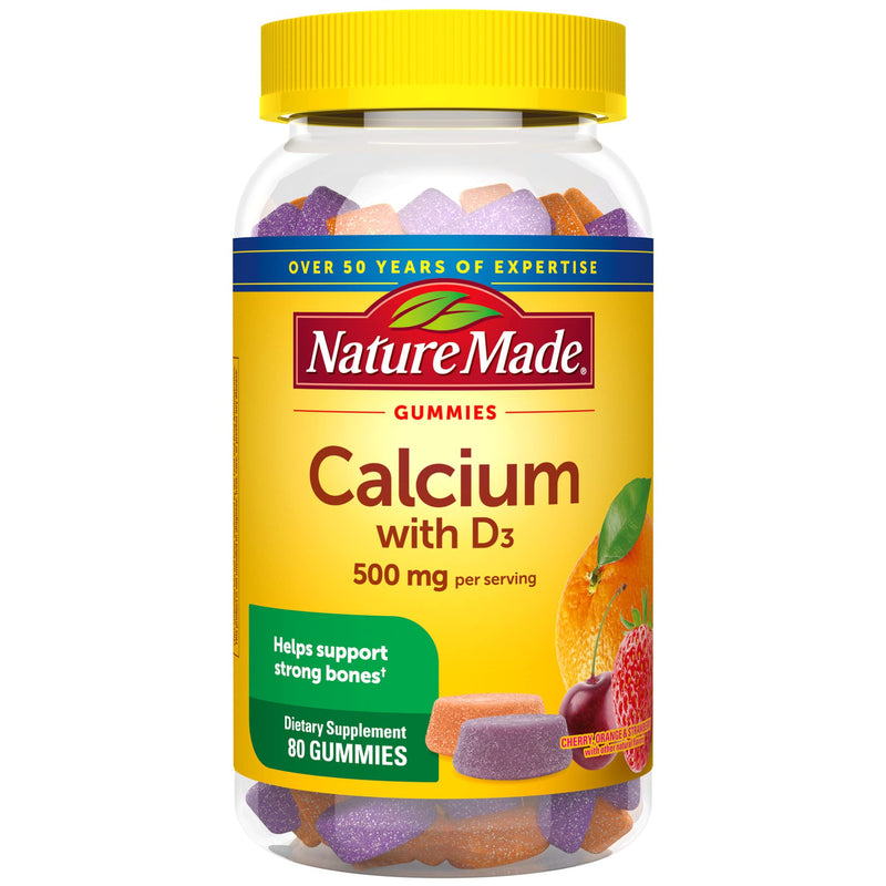 [Australia] - Nature Made Calcium Gummies 500 mg Per Serving with Vitamin D3, Dietary Supplement for Bone Support, 80 Gummies, 40 Day Supply Cherry, Orange, and Strawberry 80 Count (Pack of 1) 