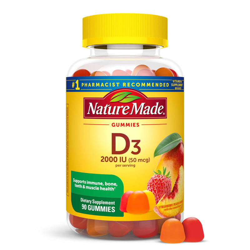 Nature Made Vitamin D3 2000 IU (50 mcg) per Serving, 90 Vitamin D Gummies | Vitamin D Gummies for Adults for Immune, Bone, Teeth and Muscle Health Support, Fruit Flavors, 45 Day Supply Strawberry, Peach, Mango 90 Count (Pack of 1)