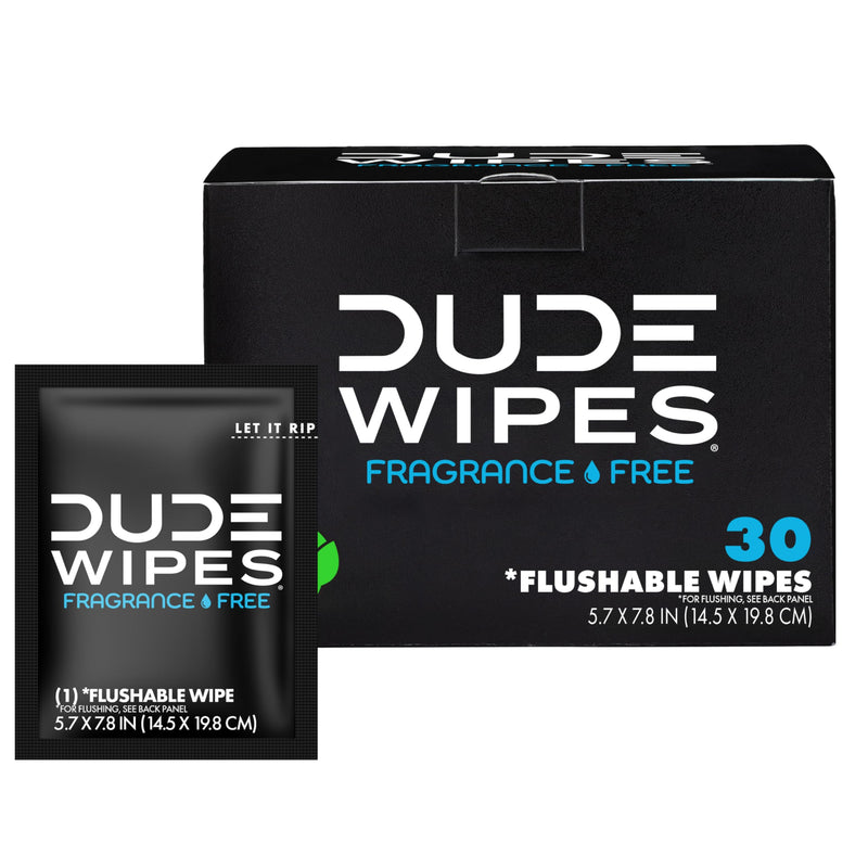 [Australia] - DUDE Wipes - On-The-Go Flushable Wipes - 1 Pack, 30 Wipes - Unscented Extra-Large Individually Wrapped Adult Wet Wipes - Vitamin E & Aloe - Septic and Sewer Safe Fragrance Free 30 Count (Pack of 1) 