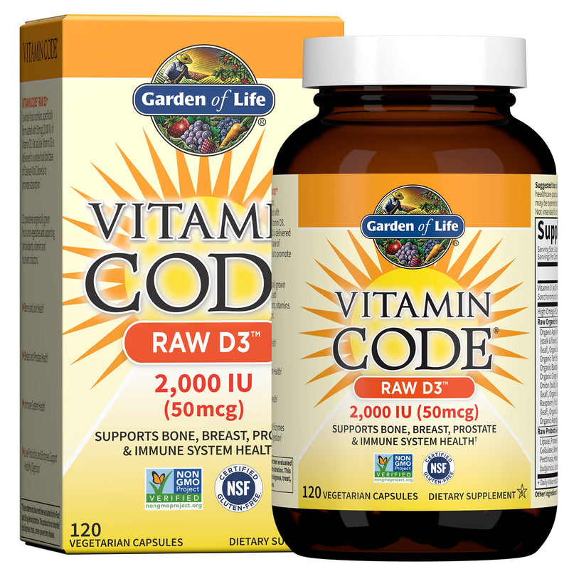Garden of Life Vitamin D, Vitamin Code Raw D3, Vitamin D 2,000 IU, Raw Whole Food D3 Supplements with Chlorella, Fruit, Veggies & Probiotics for Bone & Immune Health, 120 Vegetarian Capsules 120 Count (Pack of 1)
