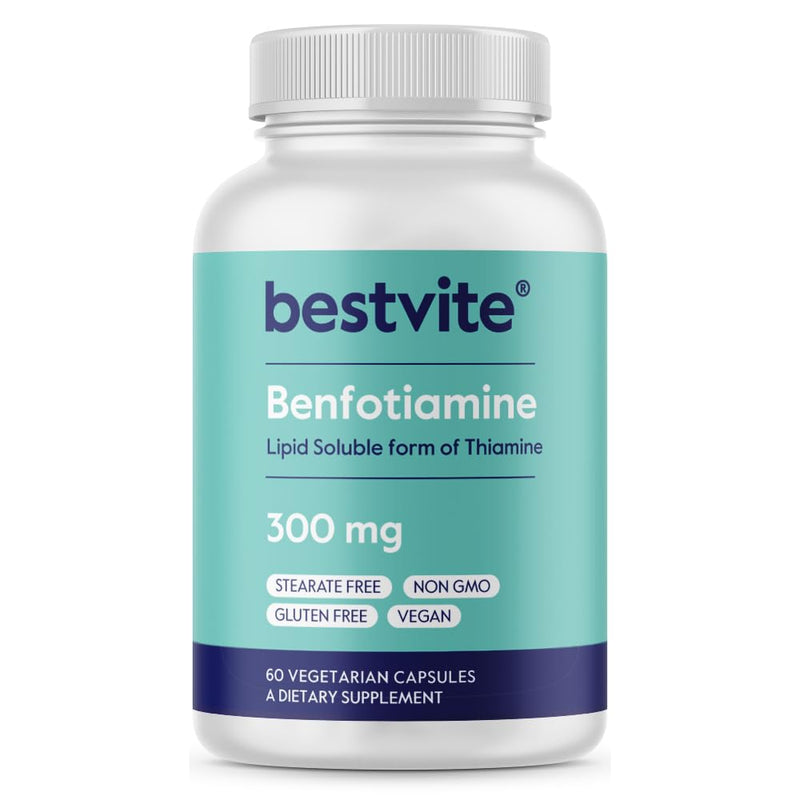 BESTVITE Benfotiamine 300mg (60 Veg Caps) - No Stearates - Vegan | No Silicon Dioxide - Non GMO - Gluten Free - Fat Soluble Vitamin B1 - Vitamin B1 Thiamine Supplement 60 Count (Pack of 1)