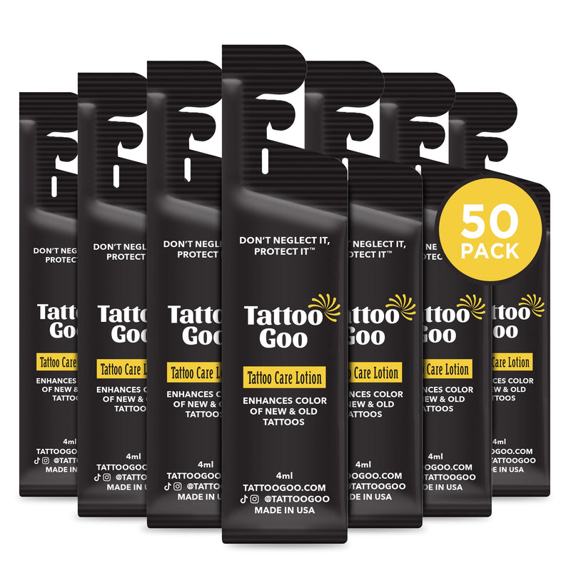 [Australia] - Tattoo Goo Tattoo Care Lotion, 50 Pk Travel Size, Soothes Itch & Irritation, Hydrate & Preserve Color, Non-Greasy Moisturizer, Aftercare Lotion with Olive Oil & Panthenol, No Petroleum or Mineral Oil 50 Count (Pack of 1) 