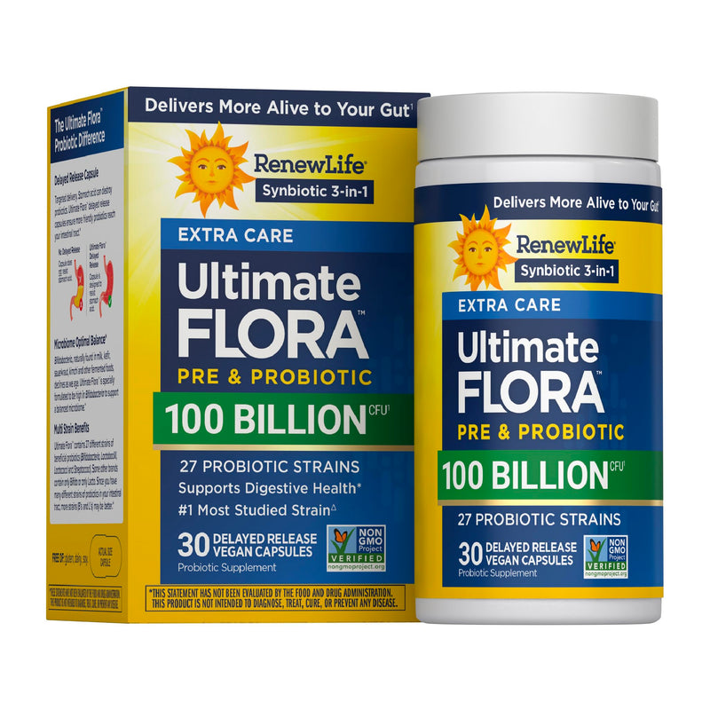 Renew Life Ultimate Flora Probiotic with Prebiotics 100 Billion CFU | 30 Delayed Release Vegan Capsules | Supports Digestive Health | Dairy, Soy and Gluten-Free Supplement 30 Count (Pack of 1)
