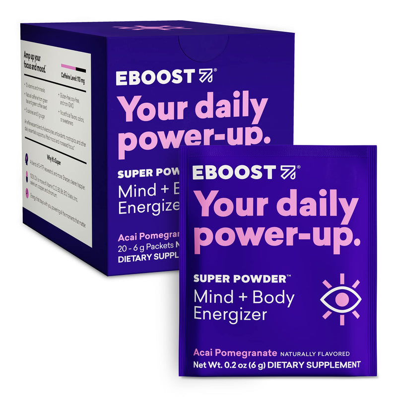 EBOOST SUPER POWDER Drink Mix - Acai Pomegranate 0.2 oz 20 Pack Hydration Energizer Electrolytes Powder - 13 Vitamins & Minerals - 110 mg Caffeine - 0 Added Sugar - No Artificial Flavors or Sweeteners 20 Servings (Pack of 20)