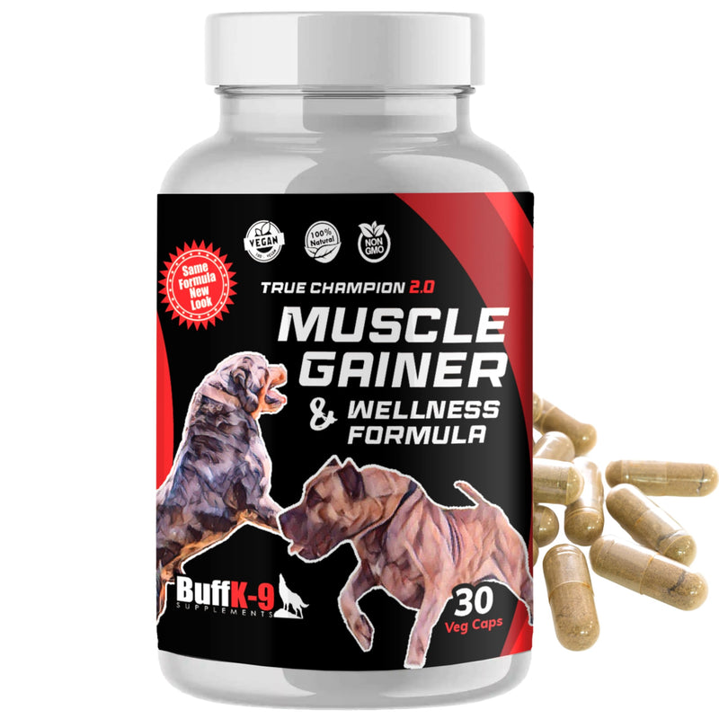BuffK-9's 3-in-1 Dog Muscle Builder and Weight Gainer for Dogs Capsules for Puppies & Adult Dogs - All Breeds -Top Choice Canine Dog Supplement for Muscle Gains - 30 Caps - PawsPlanet Australia