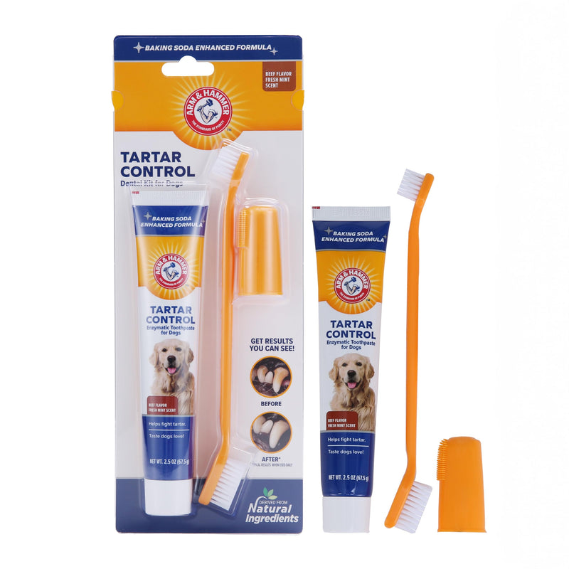 Arm & Hammer for Pets Tartar Control Kit for Dogs | Contains Toothpaste, Toothbrush & Fingerbrush | Reduces Plaque & Tartar Buildup | Safe for Puppies, 3-Piece , Beef Flavor 2.5 Ounce (Pack of 1)