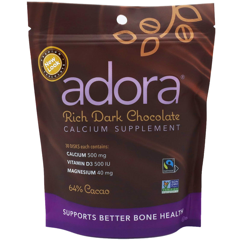 Adora Calcium Supplement, Fairtrade Dark Chocolate, Single Pack - 30 ct 30 Count (Pack of 1)