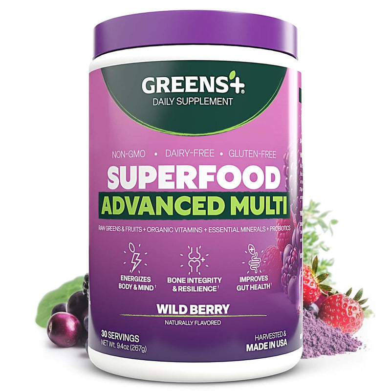 Greens+ Advanced Multi Wild Berry Superfood Powder | Organic Blend | 9.4 oz | Dietary Supplement with Vitamins & Minerals | Vegan | Non-GMO | Soy-Free | Dairy-Free | Gluten-Free | Naturally Flavored Wildberry