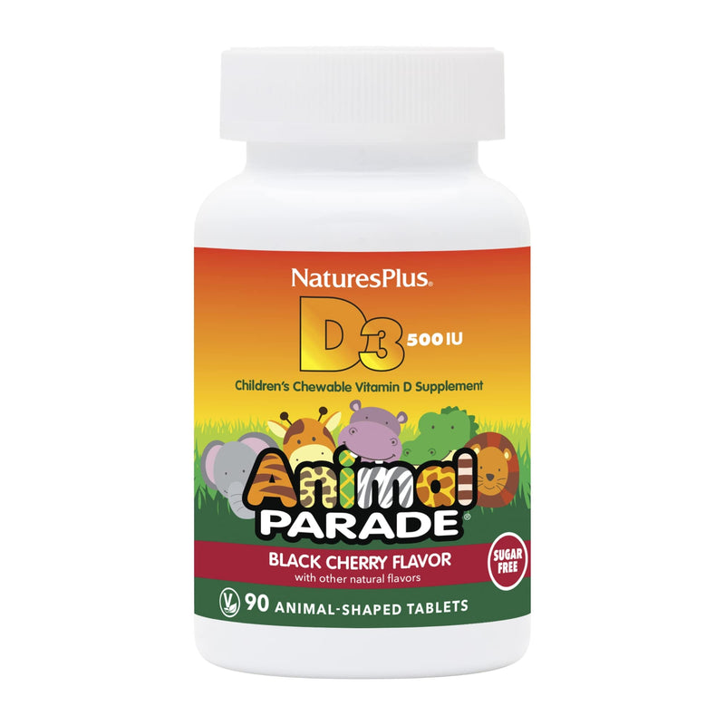 [Australia] - Natures Plus Animal Parade Sugar-Free Children's Vitamin D3-500 IU - Black Cherry Flavor - 90 Chewable Animal Shaped Tablets - Bone Health & Immune System Support - 90 Servings 