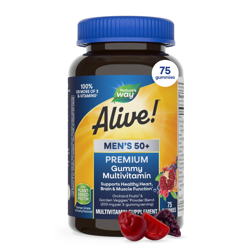 Nature's Way Alive! Men’s 50 Plus Premium Gummy Multivitamin, 75 ct | Fruit Flavored Gummy Supports Healthy Heart, Brain & Muscle Function, High Potency B-Vitamins, Vitamin A, C, D3, & Selenium* 75 Count (Pack of 1)