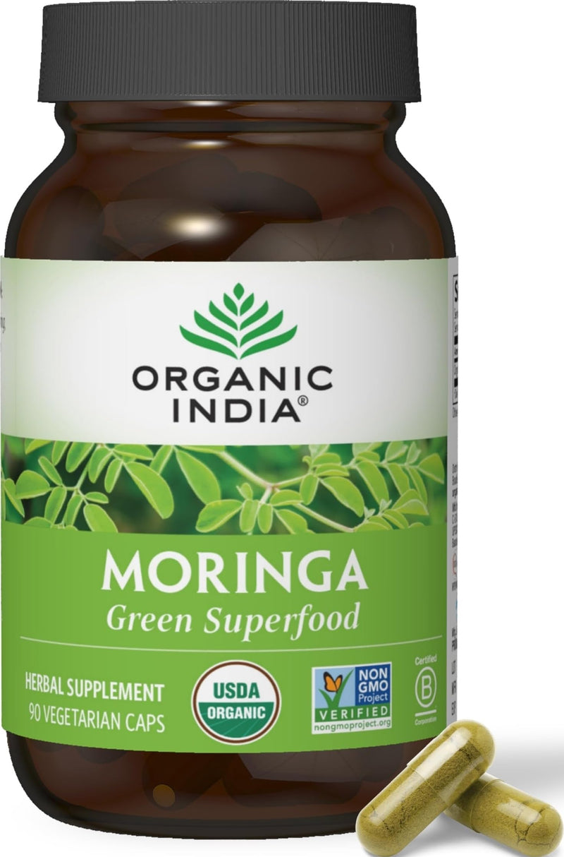 ORGANIC INDIA Moringa Herbal Supplement - Green Superfood, Nutrient Dense, Pure Plant Protein, Vitamin A, E, K, Iron, Calcium, Fiber, Vegan, Gluten-Free, USDA Certified Organic - 90 Capsules 90 Count (Pack of 1)