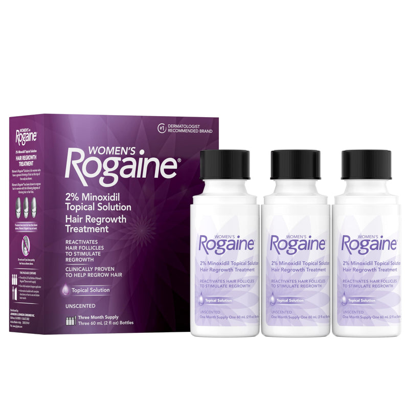 Women's Rogaine 2% Minoxidil Topical Solution, 3 Month Supply | Topical Hair Regrowth Treatment, Unscented Minoxidil Liquid, 3 x 2 fl oz Bottles 4 Piece set