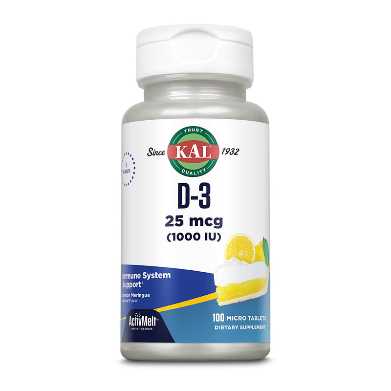 KAL Vitamin D-3 1000 IU | Natural Lemon Flavor ActivMelt Micro Tablets | Healthy Immune Function & Bone Support | 100ct | Vitamin D Supplement for Men and Women, Bone Health and Immune Support, Optimal Absorption Format, Natural Lemon Flavor
