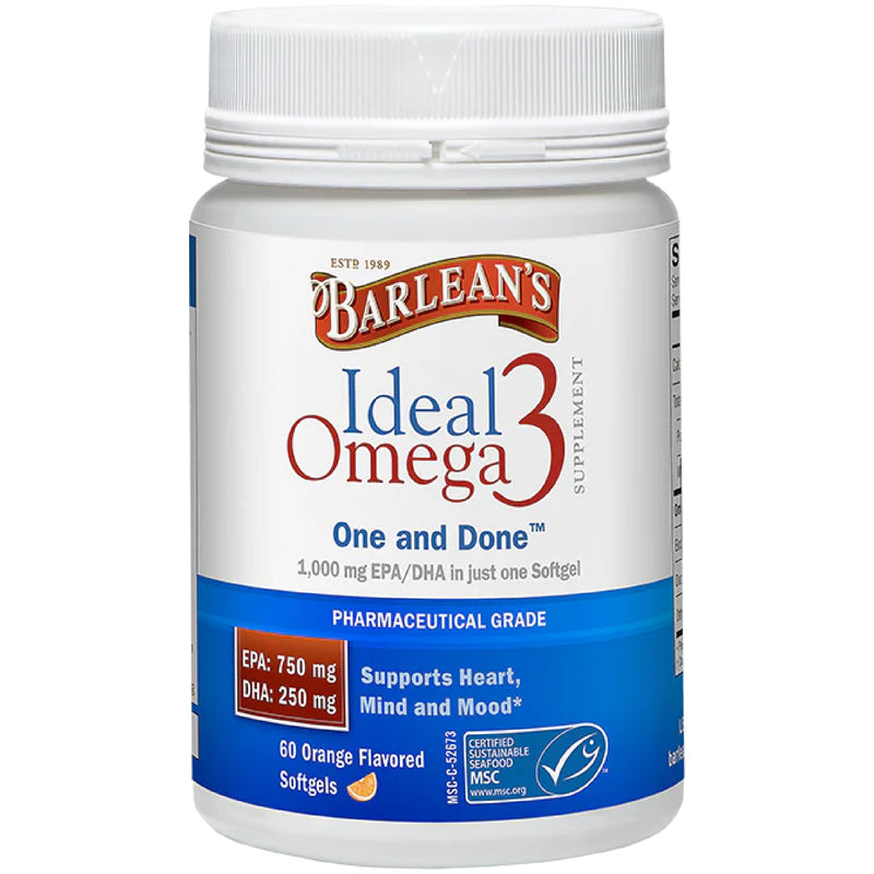 Barlean's Ideal Omega 3 Fish Oil Supplement, 1,000 mg Softgels, Pharmaceutical Grade EPA & DHA for Brain, Joint, & Heart Health, Orange Flavor, 60 ct | Wild-caught fish oil, EPA DHA omega-3, 1 softgel daily, Burpless, Non-GMO, Gluten-free, Heart, brain...