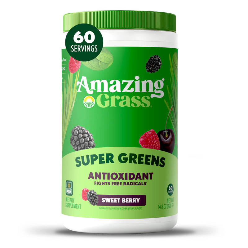 Amazing Grass Super Greens Powder Antioxidant Sweet Berry, 60 Servings | Organic Antioxidant Greens Powder with Spirulina, Beet Root, Elderberry, Prebiotics, Probiotics, Vitamin C & Vitamin K 14.8 Fl Oz (Pack of 1)
