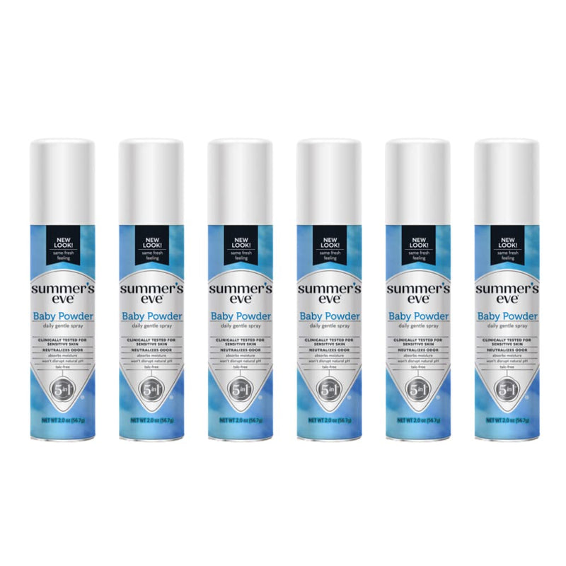 Summer’s Eve Baby Powder Feminine Freshening Spray, Daily Gentle Intimate Deodorant, Neutralizes Odor, pH Balanced, Talc Free, Sensitive Skin, 2 Ounce (Pack of 6)