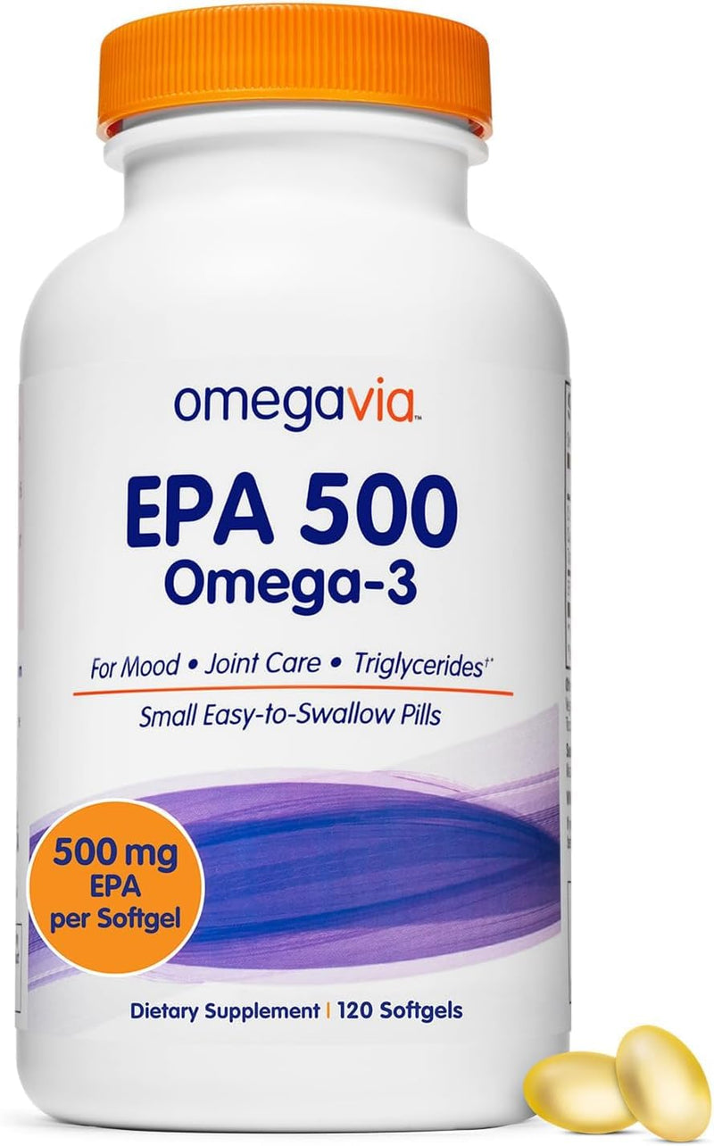 OmegaVia EPA 500 mg, Purified Omega 3 Fish Oil, Burpless (120 Softgels) | High EPA in Triglyceride Form, Mood, Brain & Joint Support, Non-GMO Gluten-Free, Easy to Swallow, IFOS 5-Star, 120-Day Supply 120 Count (Pack of 1)