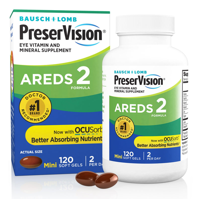 PreserVision AREDS 2 Eye Vitamins, #1 Eye Doctor Recommended Brand, Lutein and Zeaxanthin Supplement with Vitamin C, Vitamin E, Zinc, and Copper, 120 Softgels (Minigels) AREDS2 120 Count (Pack of 1)