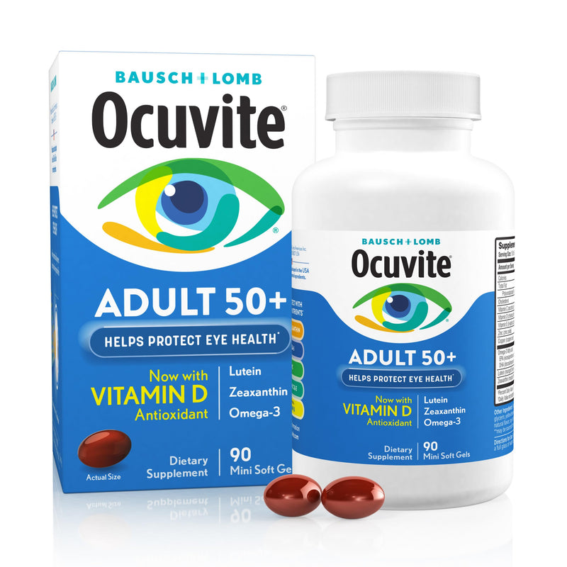 Ocuvite 50+ Eye Vitamin & Mineral Supplement, Multivitamin for Vision & Ocular Health with Omega-3, Zinc, Vitamins C & E, Lutein & Zeaxanthin, Zinc Supplements for Women and Men, 90 Softgels 90 Count (Pack of 1)