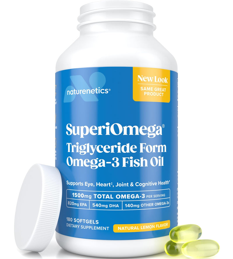 SuperiOmega rTG Triglyceride Form Omega 3 Fish Oil 1500mg EPA DHA 180ct | Re-Esterified Omega-3 Supplement for Women & Men, Burpless No Fishy Aftertaste, Lemon Flavor, 3rd Party Tested, 90 Day Supply 180 Count (Pack of 1)
